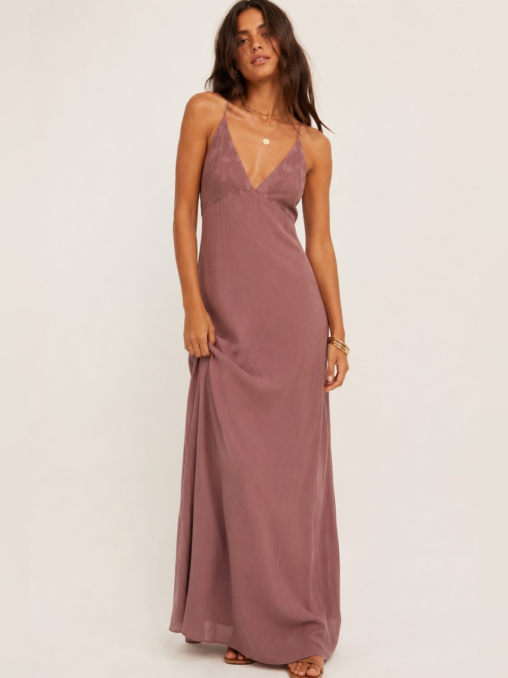 OAK + FORT Mauve Lace-Trim Maxi Dress